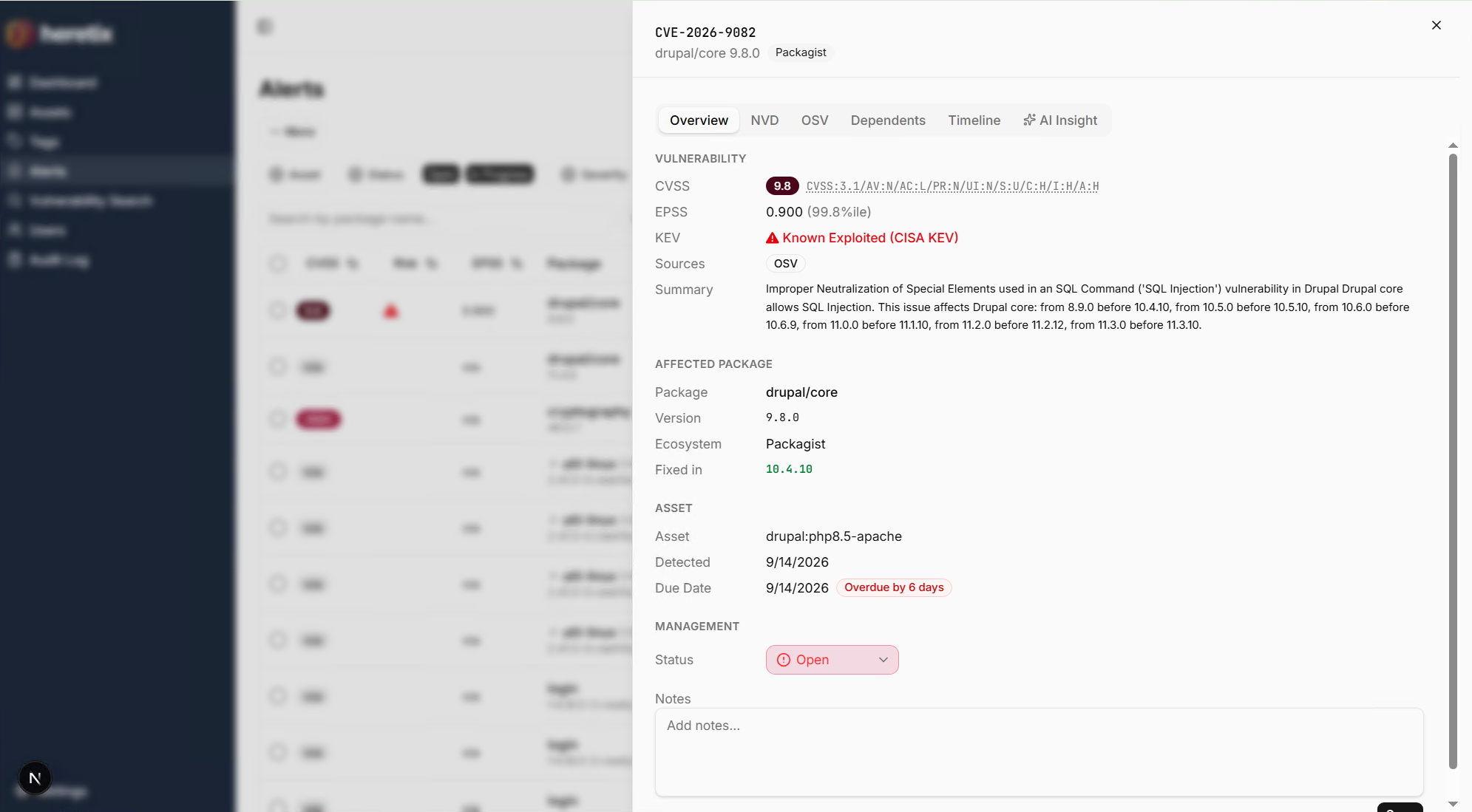 Alert detail: CVSS, KEV, EPSS, fixed version, and timeline
